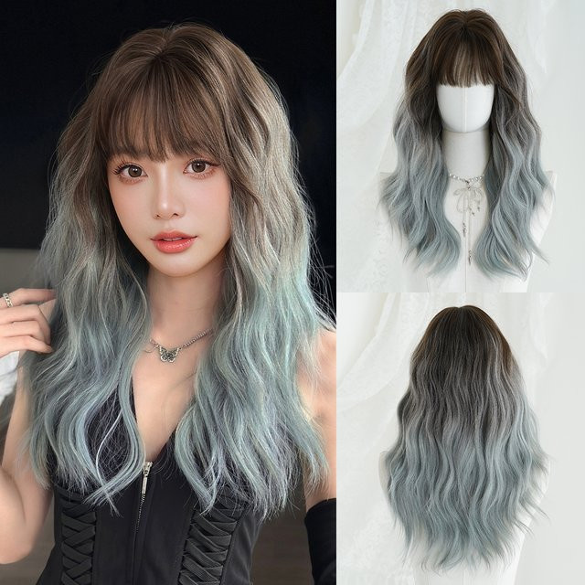 7JHH WIGS Perücke, schulterlange Wasserwellen, Braun-Ombre-Blau, Damen - Bild 1