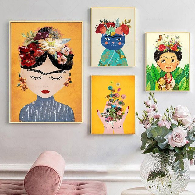 Potdemiel Leinwand Wandkunst Cartoon Mädchen mit Katze, Blumen und Schmetterlingen als Poster für deine Wohnkultur - Bild 1