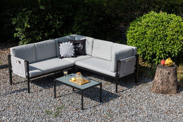 Gardissimo Mandalika Garden Ecklounge Azora Sitzgruppe mit Tisch in Anthrazit und Grau, wetterfeste L-Form mit Polstern und Textilene-Stoff