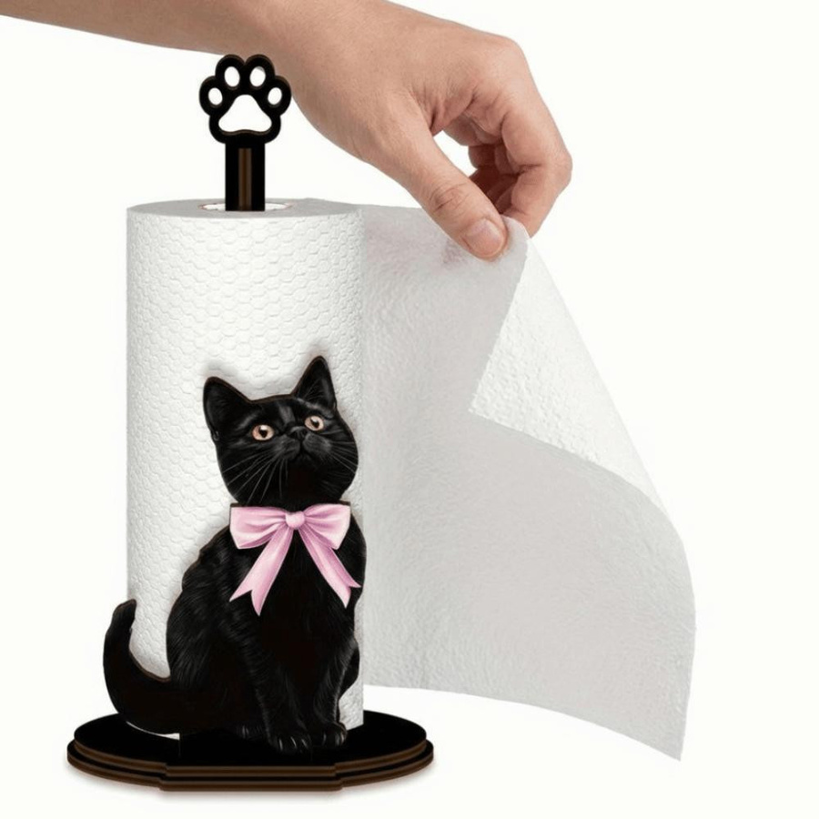 HuidaiAuto Küchenhandtuchhalter mit Holzsockel und Schleifen-Kitty Design in Schwarz - Bild 3