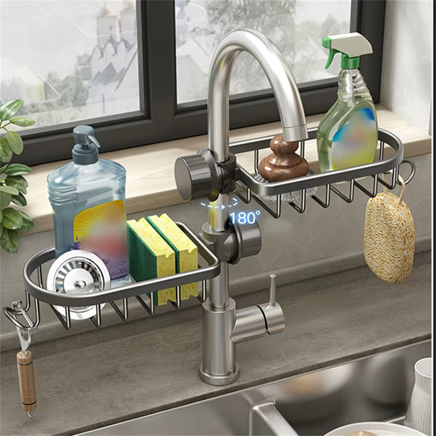 Küchen-Schwammhalter mit Zwei-Wege-Drainage und Stoff-Ablage in Silber aus Metall - Bild 4