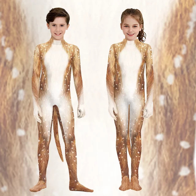 COLOR COSPLAYER Tier-Hirsch-Print-Jumpsuit, Cosplay-Kostüm, Braun - Bild 1