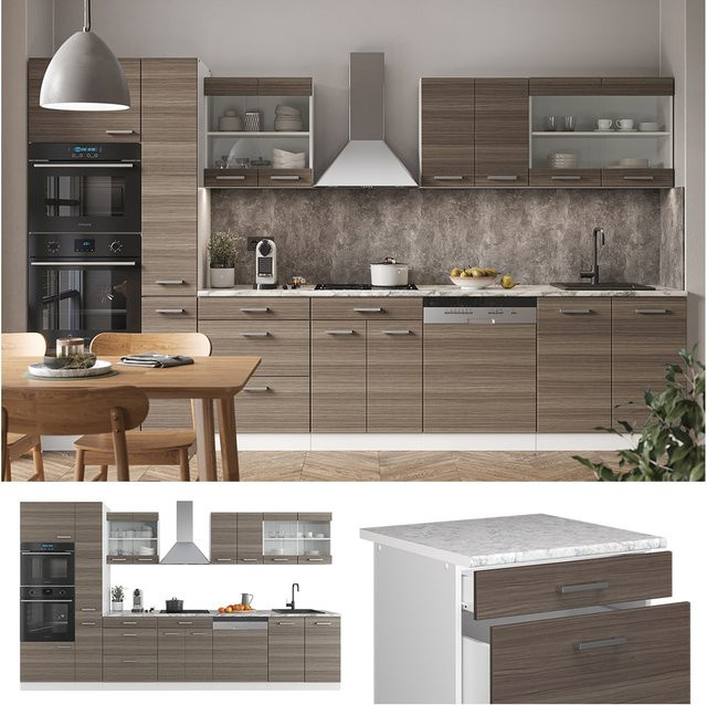 Vicco Küchenzeile R-Line in Weiß und Edelgrau mit Marmor Arbeitsplatte, Breite: 350 cm - Bild 1