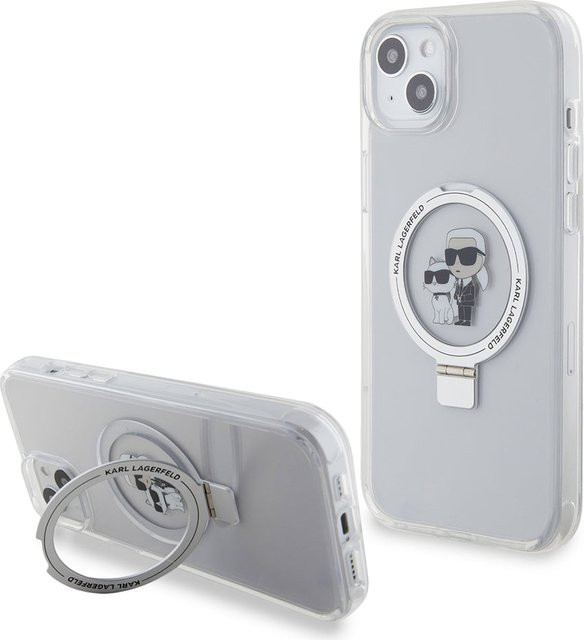 Karl Lagerfeld MagSafe Hülle für Apple iPhone 15 Plus mit Ringstand Karl und Choupette in Weiß - Bild 1