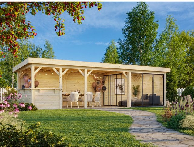 Palmako Pavillon Lenna Set 715 Slide Plus aus Fichtenholz, Weiß lackiert, B: 876 cm, T: 300 cm, mit Alu-Schiebetüren, Eck-Tresenanlage und PZ-Schloss, FSC-zertifiziert - Bild 1