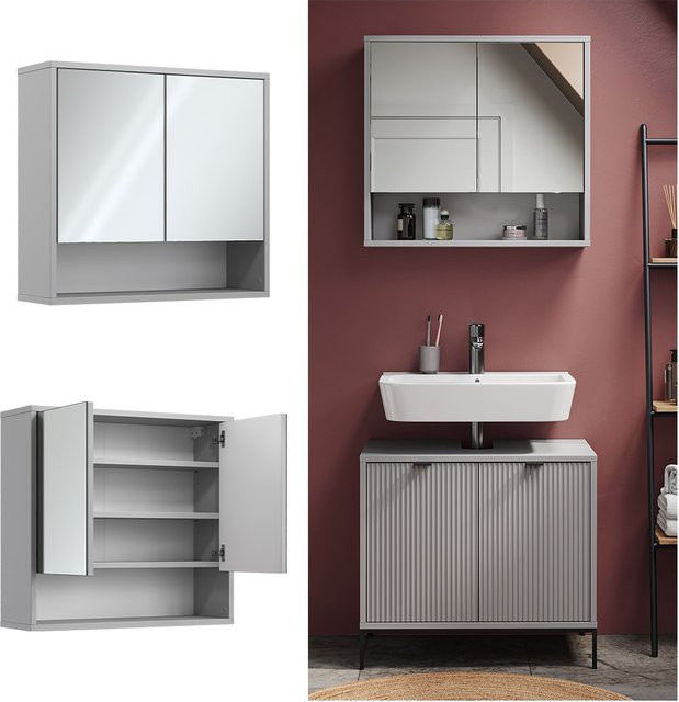 Vicco Badspiegelschrank Eliza Grau B: 70 cm, H: 65 cm mit 2 Türen und Ablage - Bild 1