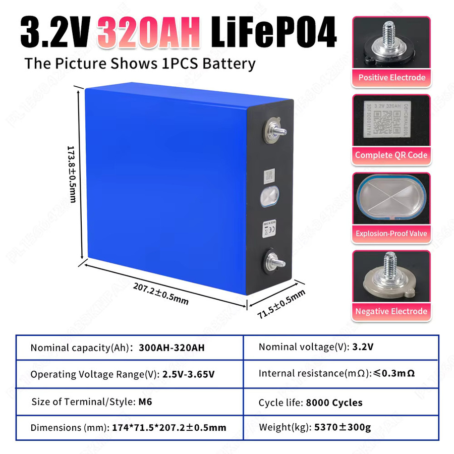 PWOD LiFePO4 Batterie 3,2V 320Ah wiederaufladbare LFP-Zelle in Blau für DIY-Energiesysteme und Heimspeicherlösungen - Bild 4