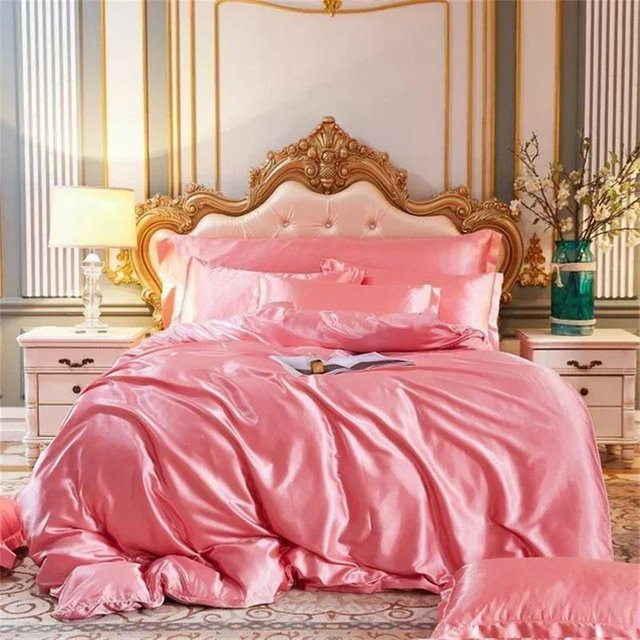 Luxuriöses Bettwäscheset aus Maulbeerseide von Bin Chi Textiles in Pink, 4-teiliges Satin-Bettwäsche-Set mit Bettbezug, Laken und Kissenbezügen, Breite: 120 cm, Länge: 200 cm - Bild 1