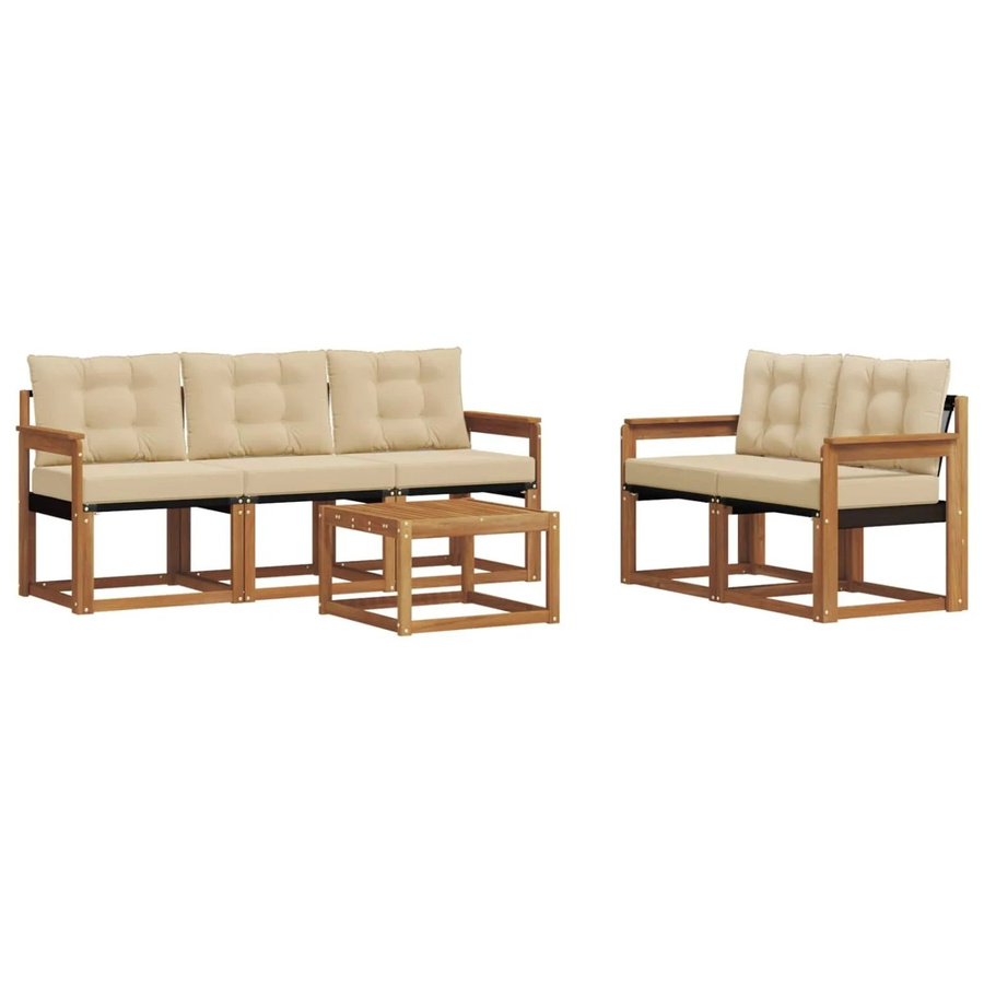 vidaXL Outdoor-Sofagarnitur 6-teilig aus Akazienholz und Textilene in Natur und Beige mit Kissen und Tisch - Bild 2