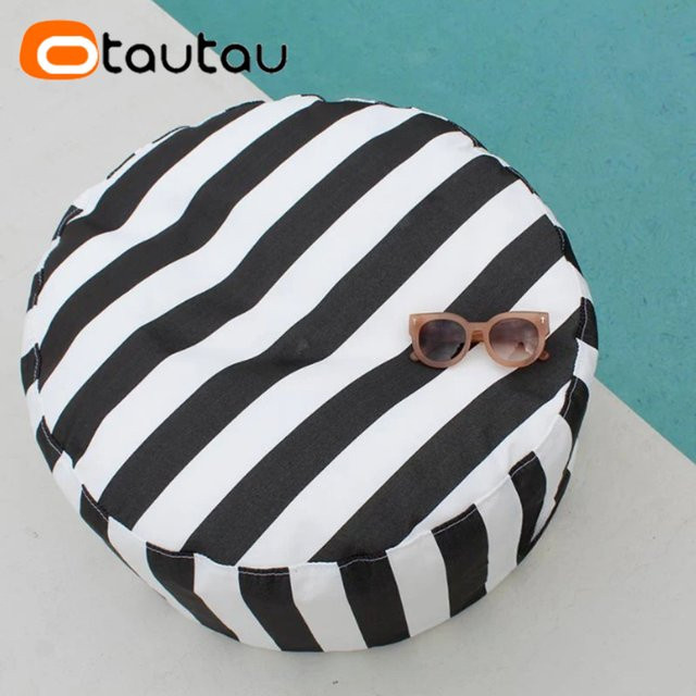 OTAUTAU Outdoor Big Bean Bag Pouf Cover Grau Gestreift, Runde Ottomane und Fußstütze für den Außenbereich (ohne Füllung) - Bild 1