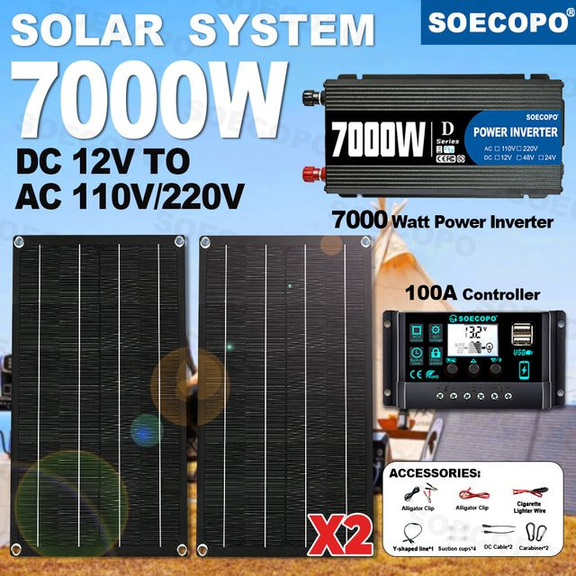 SOECOPO 7000 W Solarsystem in Schwarz mit 2 x 800 W tragbaren Panels, Wechselrichter und 100 A-Controller für Zuhause und Camping - Bild 1