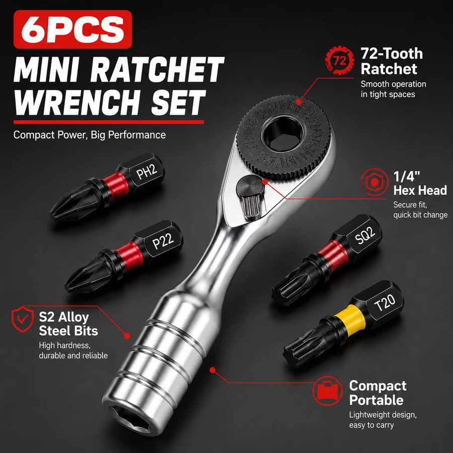 Rafford 6-teiliges Mini-Ratschenschlüssel-Set mit ULTRA TORQUE Schraubendreher-Bits in Silber - Bild 2