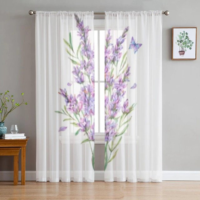 Transparenter Tüll-Vorhang von A Family Of Home Textiles mit Lavendel-Blumenmuster in Weiß und Lila, Breite: 135 cm, Höhe: 137 cm - Bild 1
