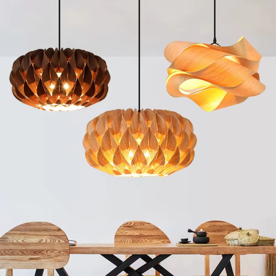 JOYINLED Holz-Pendelleuchte im japanischen Stil, runde Kunstlampe aus Holz und Metall in Braun und Schwarz, Durchmesser: 40 cm - Bild 5
