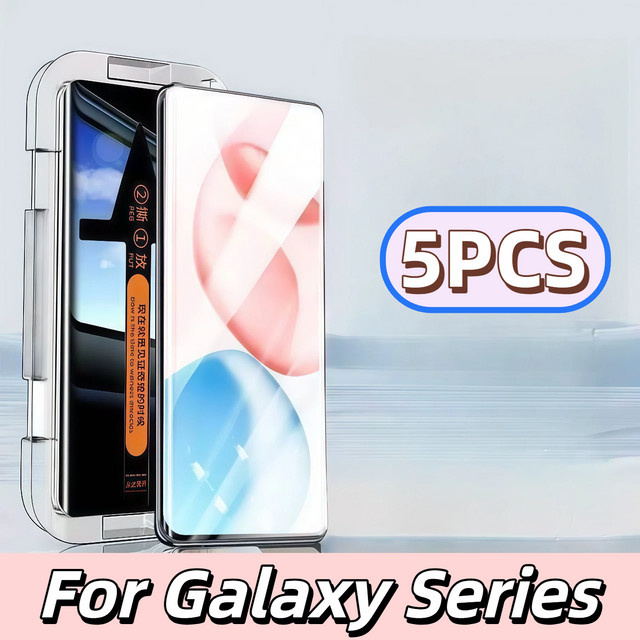 5 Stück Samsung Galaxy S25 S24 S23 S22 S21 Note 9 Ultra Plus Displayschutzfolie aus gehärtetem Glas mit Kantenkleber, transparente Vollabdeckung und Anti-Fingerabdruck-Beschichtung - Bild 1