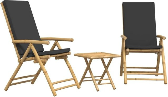 vidaXL 3-tlg Bistro-Set aus Bambus mit grauen Kissen für Garten Balkon und Hinterhof, Tisch und 2 Stühle klappbar, B/T/H: 55 x 55 x 110 cm, 45 x 45 x 45 cm - Bild 1