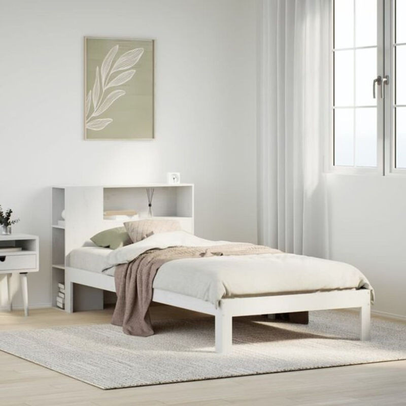 Massivholzbett aus Kiefer mit Regal in Weiß von Vidaxl, B/L: 75 x 190 cm - Bild 1