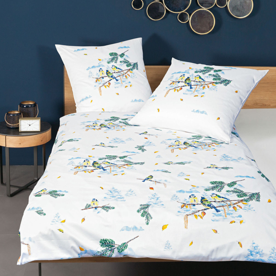 Janine Modern Art Mako-Satin Bettwäsche mit Vögeln und Zweigen in Grün und Blau, B/H: 155 x 220 cm, inklusive Kissenbezug 80 x 80 cm - Bild 1