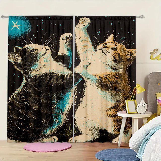 2er-Set Katze bedruckte Vorhänge in Schwarz für deine Heimdekoration, halbtransparent mit Stangentasche, Breite: 52,5 cm, Höhe: 116 cm - Bild 1