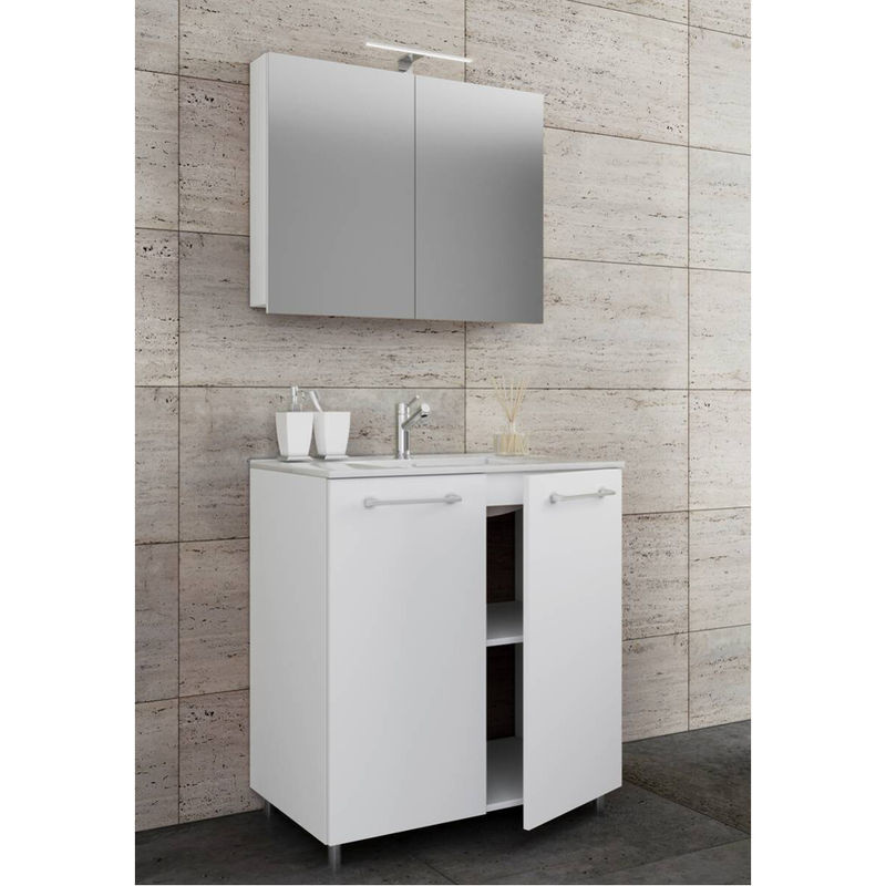 VCM Badmöbel Set Badinos 3-tlg. in Weiß mit Keramik Waschbecken, Spiegelschrank und Unterschrank mit Drehtüren, B/H/T: 80 x 86 x 46 cm - Bild 4
