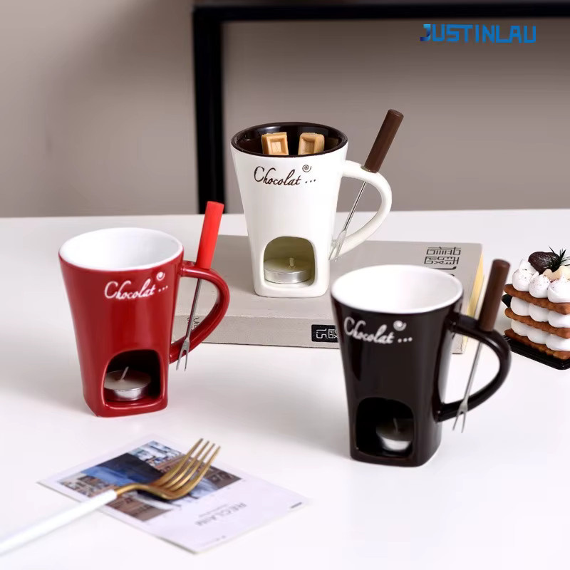 JUSTINLAU Mini-Keramiktasse Fondue-Set in Braun mit Gabel, 130 ml Fonduetopf für Schokolade, Käse oder Eis - Bild 2