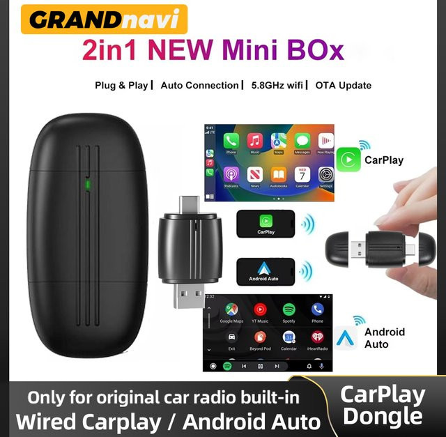Grandnavi 2-in-1 Kabelloser CarPlay und Android Auto Adapter mit USB-A und USB-C Dual-Schnittstelle in Schwarz - Bild 1