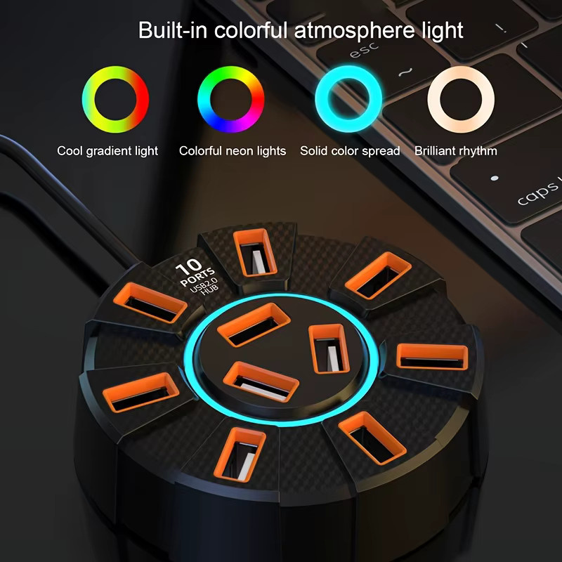 FocusOnPC USB 2.0 Hub mit 7 Ports und LED, Multi-Port Expansion Splitter mit Netzteil für Laptop und Computer, Schwarz - Bild 4
