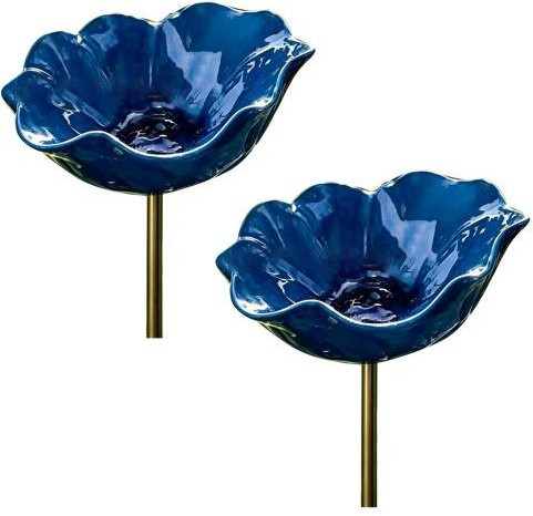 Arabella Metall Gartenstecker Blumen Vogelbad und Bienen Tränke in Dunkelblau, 2er Set - Bild 1