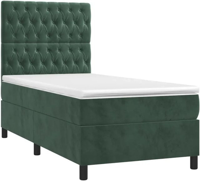 vidaXL Boxspringbett mit Matratze in Dunkelgrün, Hybridbett mit LED-Unterbettbeleuchtung und USB-Anschluss, Samt, B/T: 90 x 200 cm - Bild 1