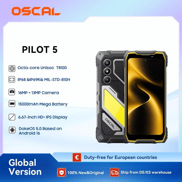 OSCAL PILOT 5 5G Robustes Smartphone mit 2,4K 120Hz Display, 256GB Speicher, 8GB RAM und 15000mAh Akku, UNISOC T8100, Android - Bild 1