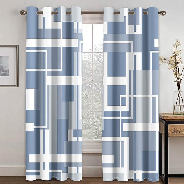 A Family Of Home Textiles Moderne Vorhänge mit abstraktem geometrischem 3D-Print, semi-transparent, Blau, 2er-Set, Breite: 70 cm, Höhe: 245 cm - Bild 1