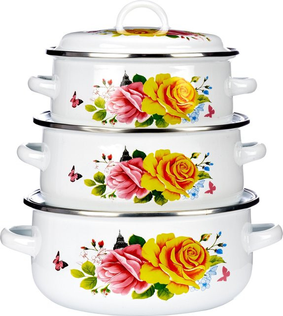 6-teiliges Emaille-Topfset Rosenpracht von genialo in Weiß und Multicolour aus Stahl - Bild 1