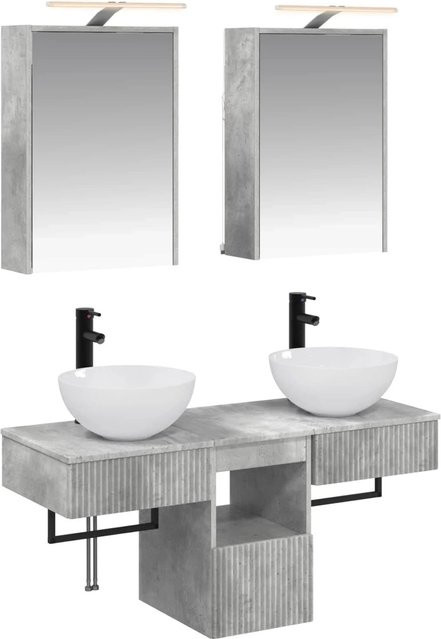 vidaXL Badezimmerschrank-Set 5-teilig in Betongrau mit LED-Beleuchtung und Spiegelschrank, B/T/H: 43 x 16 x 62,5 cm - Bild 1