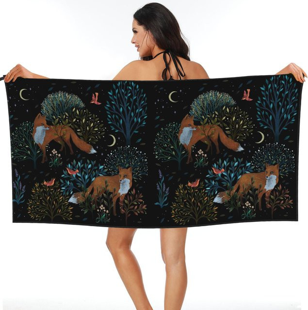 Wald Fuchs Strandtuch aus Mikrofaser in Schwarz, schnelltrocknend und saugfähig, B/B: 70 x 140 cm - Bild 1