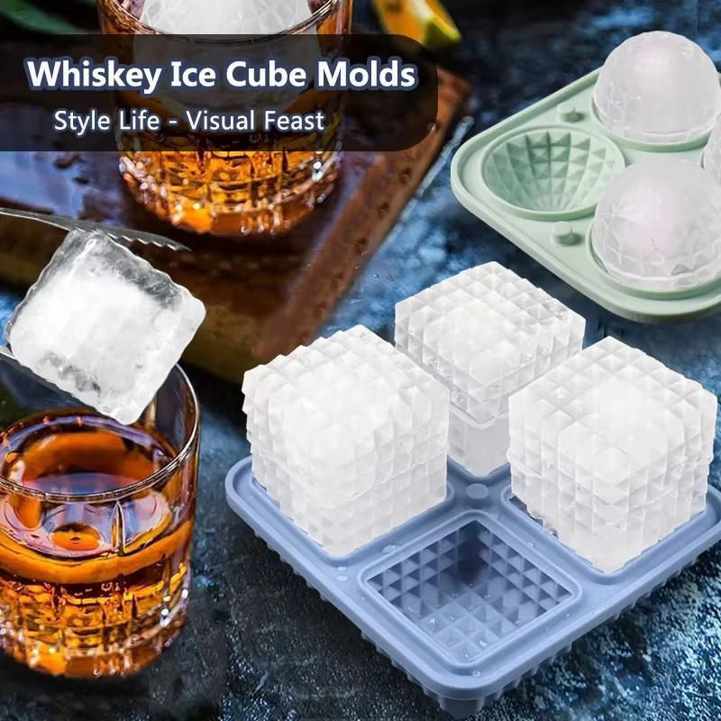 KEMORELA Eiswürfelform aus Silikon mit Deckel in Schwarz für Cocktails und Whiskey, runde und quadratische Eisballform - Bild 1