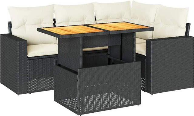 vidaXL 5-teilige Garten-Sofagarnitur aus Poly-Rattan und Akazienholz in Schwarz-Creme mit Kissen - Bild 1
