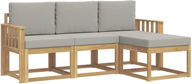 vidaXL Outdoor-Sofagarnitur L-Form aus Akazienholz in Weiß und Hellgrau mit Polsterkissen - Bild 1