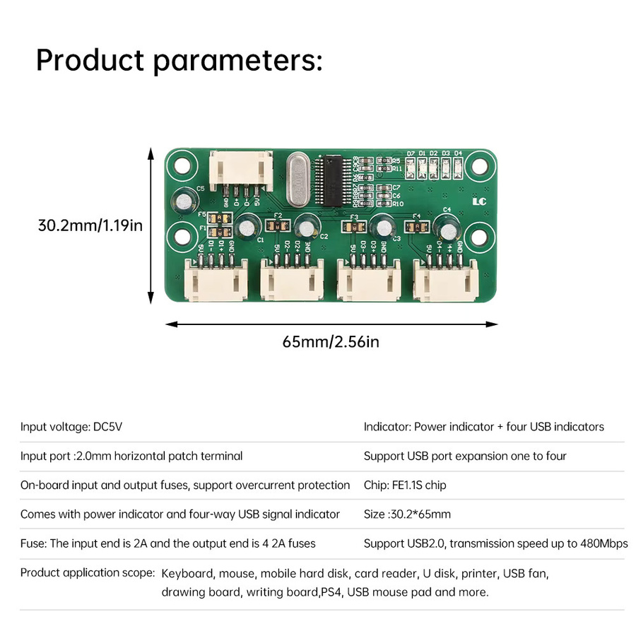 Gaqqee USB 2.0 Hub 1-zu-4 Erweiterungsplatine mit PH2.0 Schnittstellen, DC5V, Grün - Bild 2