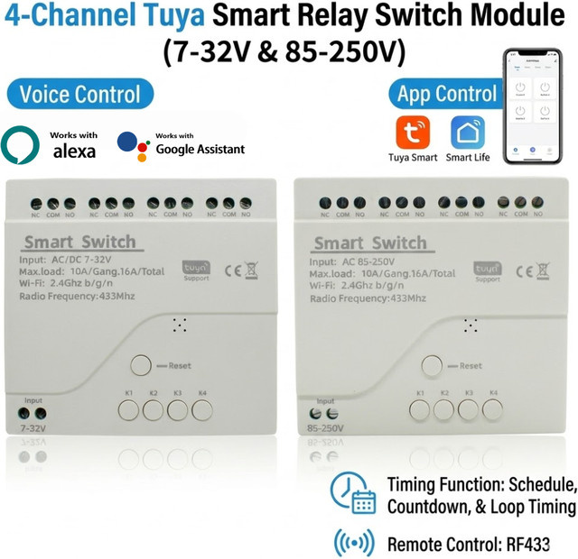 Tuya 4-Kanal WLAN DIY-Schalter mit RF433 Empfänger, weißes Relaismodul kompatibel mit Amazon Alexa und Google Assistant - Bild 1