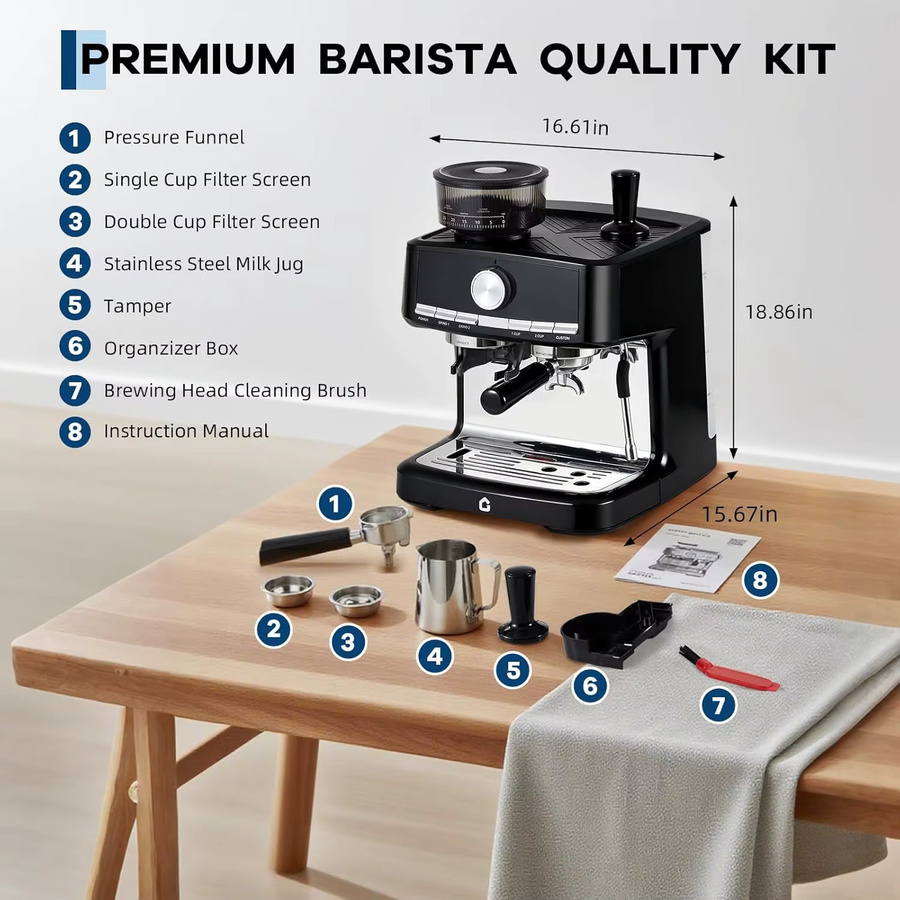 HiMISS Espressomaschine in Schwarz mit integriertem Mahlwerk, 30 Mahlgradstufen und Milchaufschäumer für Cappuccino und Espresso mit 15 Bar Druck - Bild 2