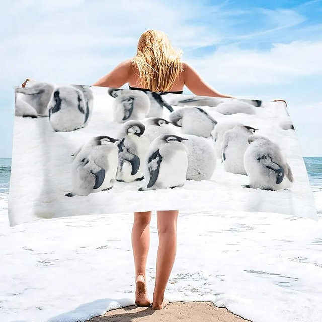JMG Household Supplies Pinguin Strandtuch aus Mikrofaser, schnelltrocknend und sandfrei, Weiß, B/H: 140 x 70 cm - Bild 1