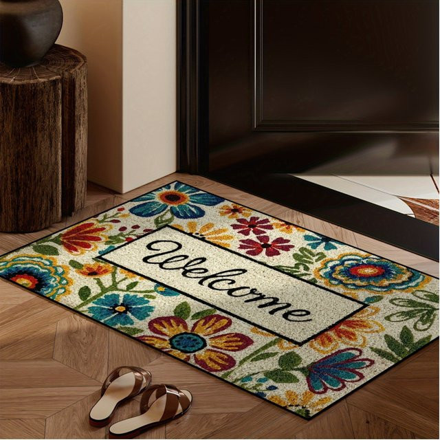 VIKAMA Blumen-Willkommens-Fußmatte in Multicolour, rechteckige Eingangsmatte mit floralem Boho-Design, Breite: 60 cm, Tiefe: 40 cm - Bild 1