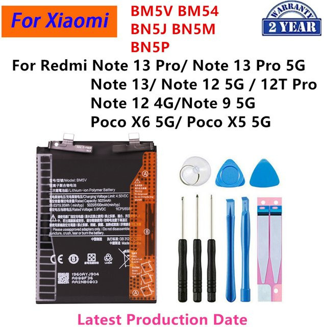 Ersatzakku BM5V BM54 BN5J BN5M BN5P für Xiaomi Redmi Note 13 Pro 5G, 12T Pro, 12 5G, 12 4G, Note 9 5G und Poco X6 X5 5G inklusive Werkzeug Set in Schwarz - Bild 1