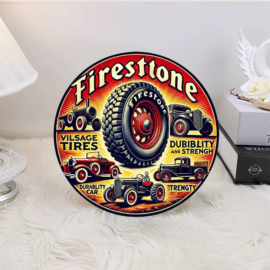 Potdemiel Vintage Firestone Tire Design Wandkunstschild aus Aluminium, rund, Durchmesser: 19,81 cm - Bild 6