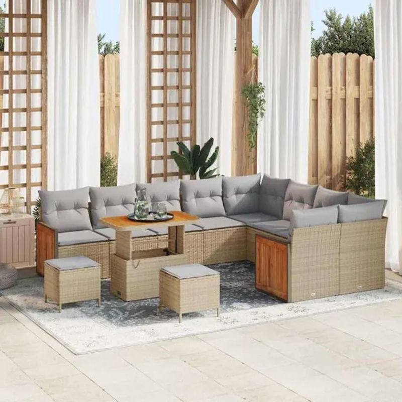 Vidaxl Garten-Sofa-Set aus Polyrattan und Akazie in Beige, 12-teilige Loungemöbel-Garnitur, B/T/H: 90 x 55 x 71 cm - Bild 1