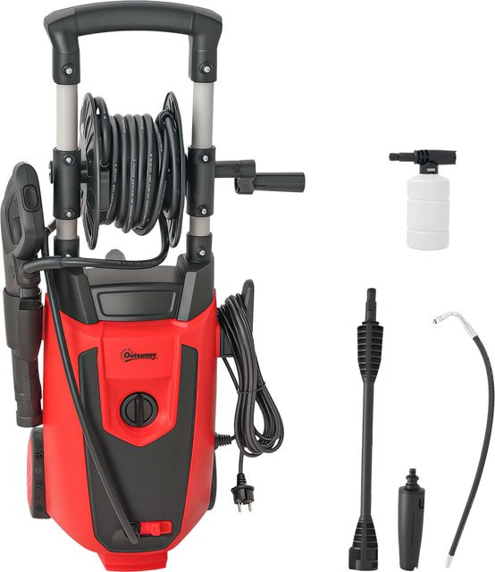 Outsunny Hochdruckreiniger 1800 W mit 150 bar und 420 L/h, Aluminium-Pumpe, 6 m Schlauch, Schaumflasche und verstellbare Düse, Rot und Schwarz - Bild 1