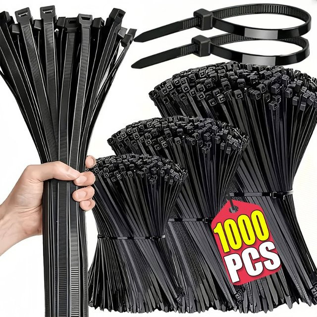 Selbstsichernde Nylon-Kabelbinder aus Kunststoff in Schwarz und Weiß zur Kabelbefestigung und Aufbewahrung - Bild 1
