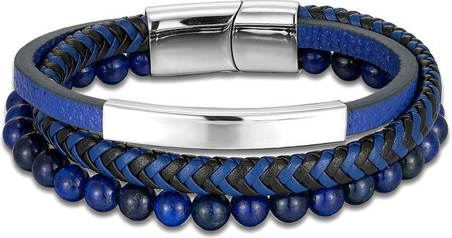 Armband Herren, Edelstahl, Blaues Leder, Perlen, 21cm - Bild 1