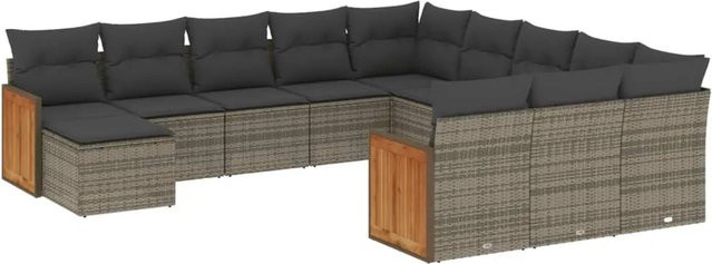vidaXL 12-tlg. Garten-Sofagarnitur aus Poly-Rattan und Akazienholz in Grau mit Kissen - Bild 1