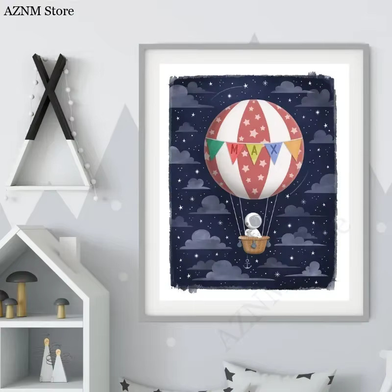Potdemiel Leinwandgemälde mit Cartoon-Astronauten-Weltraummotiv, Mond und Sternen in Marineblau zur Kinderzimmer-Dekoration - Bild 2